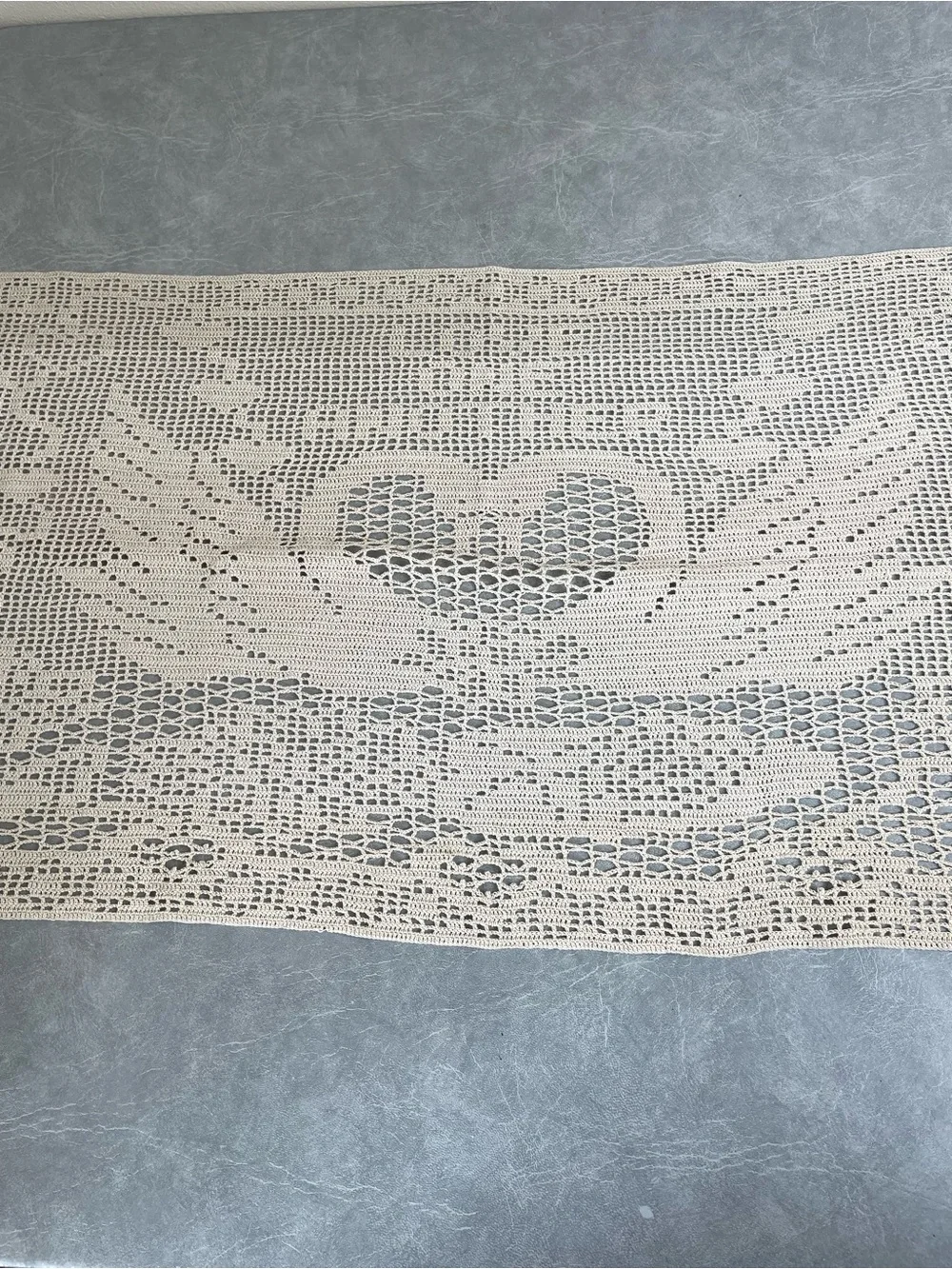 Handmade Crochet Table Runner - Cream Heart & Swan Design “Love One Another”